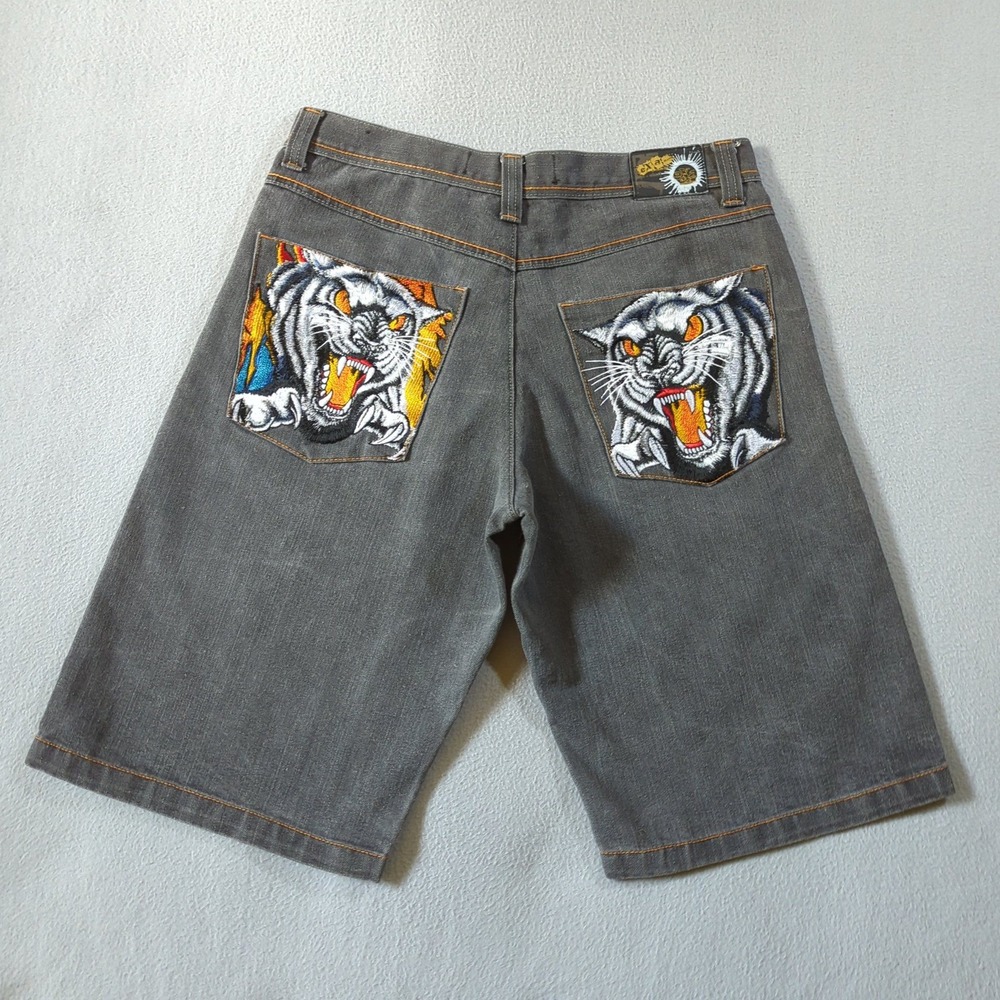 Exa Unlimited Denim Shorts Mens 36 Gray Vintage Tiger Embroidered Baggy Y2K - Picture 5 of 9